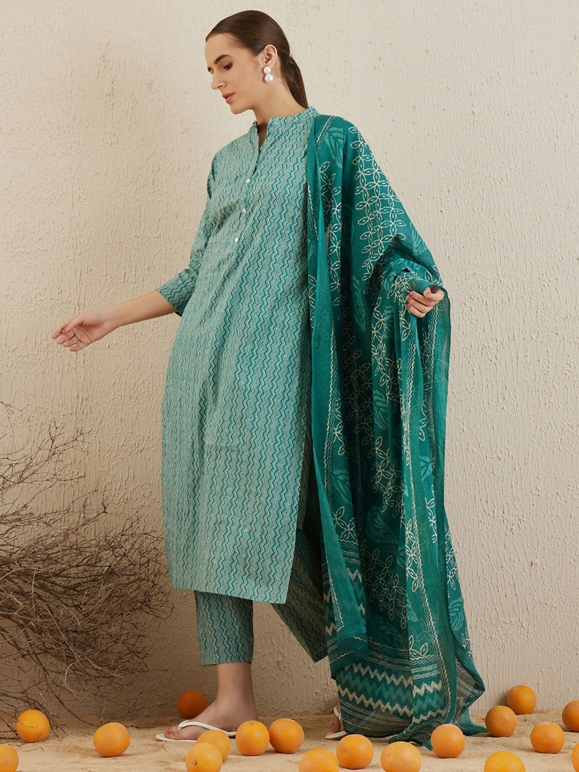 Image of Indo Era Women Pure Cotton Kurta Pant Dupatta Set