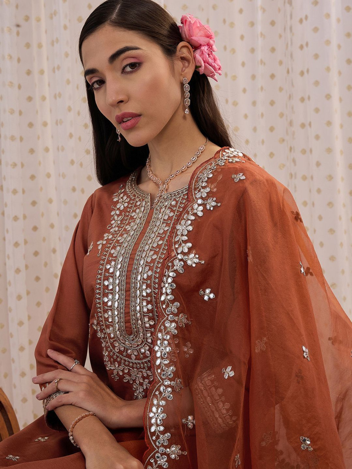 Image of Indo Era Women Silk Blend Kurta Pant Dupatta Set