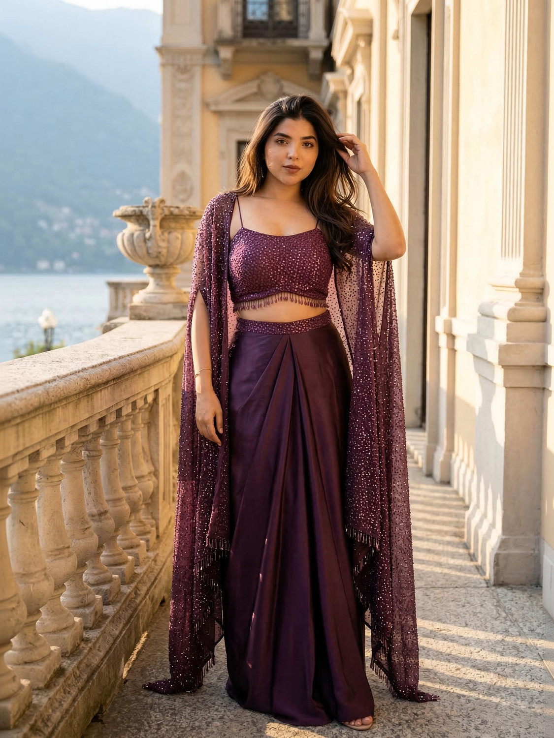 Image of Starly Women Crop Top Dhoti Pant Cape Set
