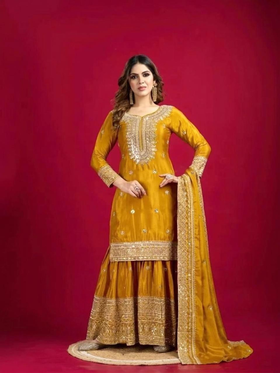 Image of NIDHI SEQUENCE Women Ethnic Top Sharara Dupatta Set
