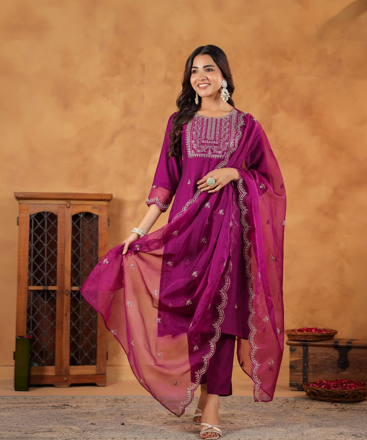 Image of Janasya Women Kurta Pant Dupatta Set