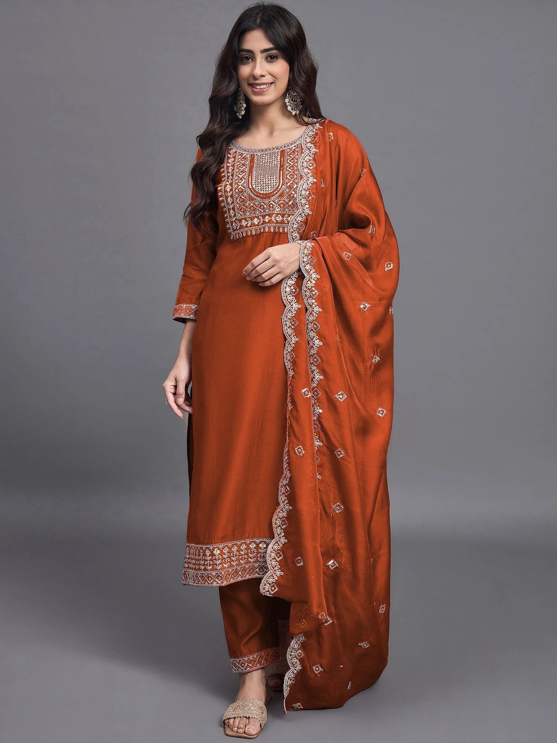 Image of SkyTara Embroidered Kurta, Trouser /Pant & Dupatta Set