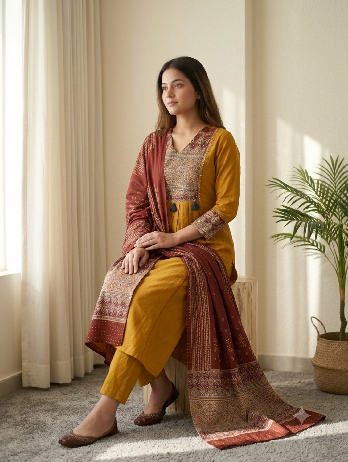Image of MHIZHA Women Kurta Pant Dupatta Set