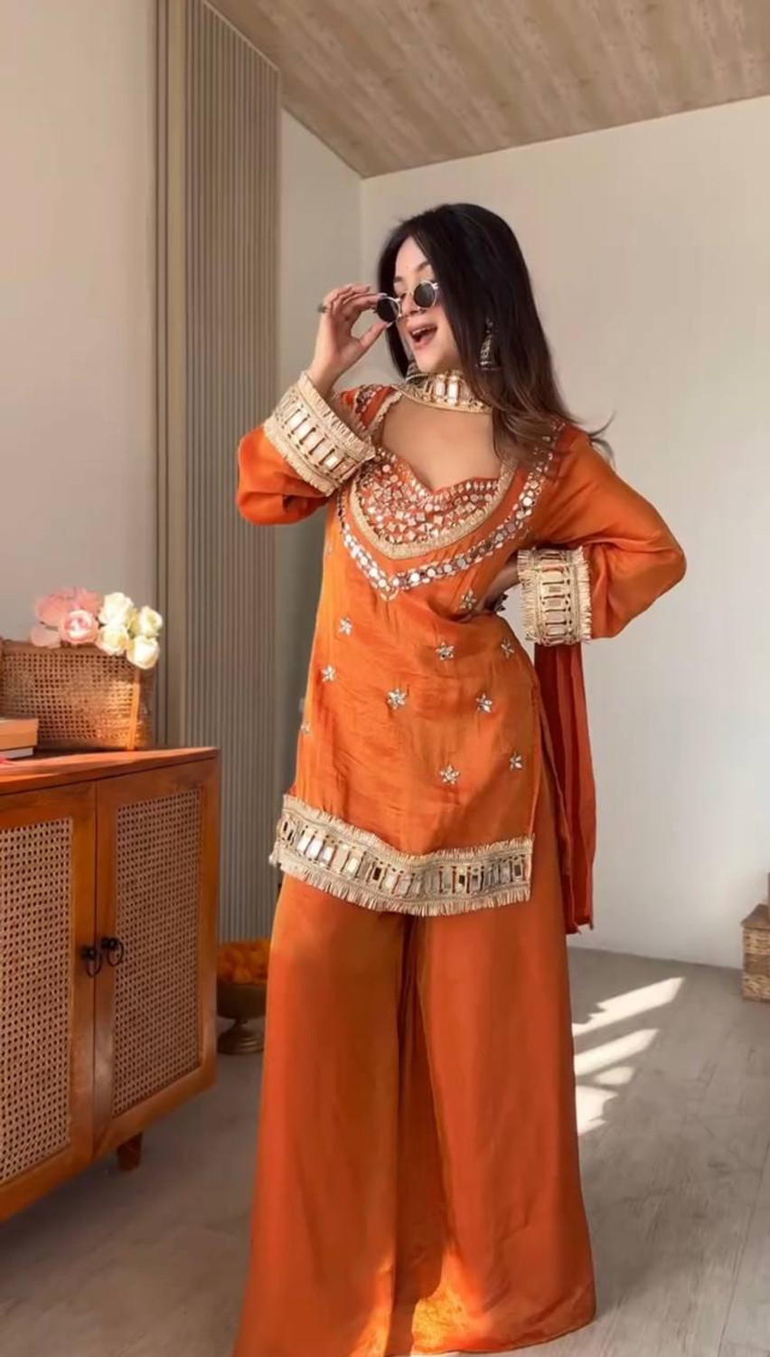 Image of RILLOURA Women Kurti Palazzo Dupatta Set
