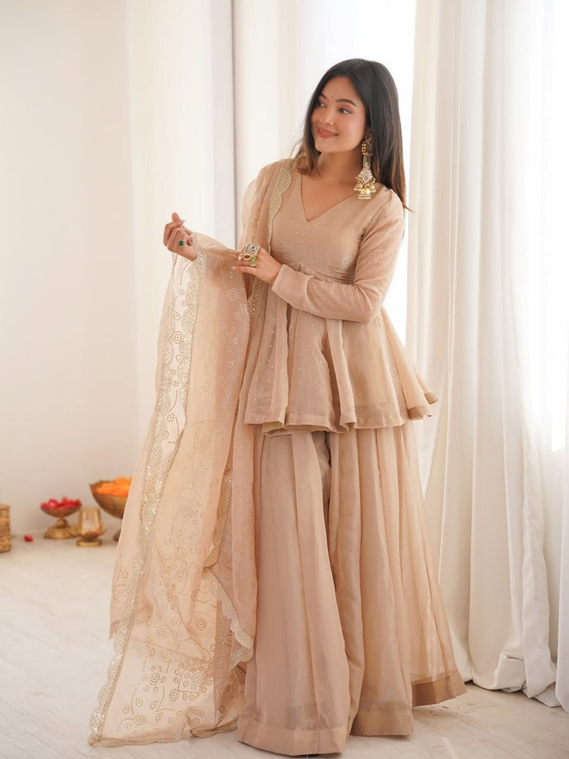 Image of THE PLAIN THEORY Women Cotton Blend Ethnic Top Sharara Dupatta Set