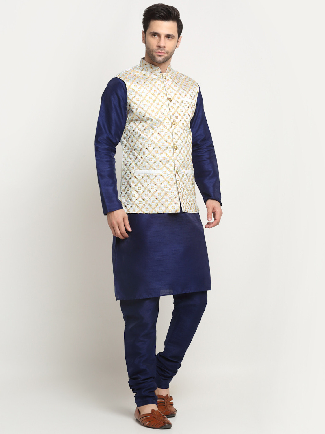 Image of kraft india Men Silk Blend Kurta Pyjama Ethnic Jacket Set