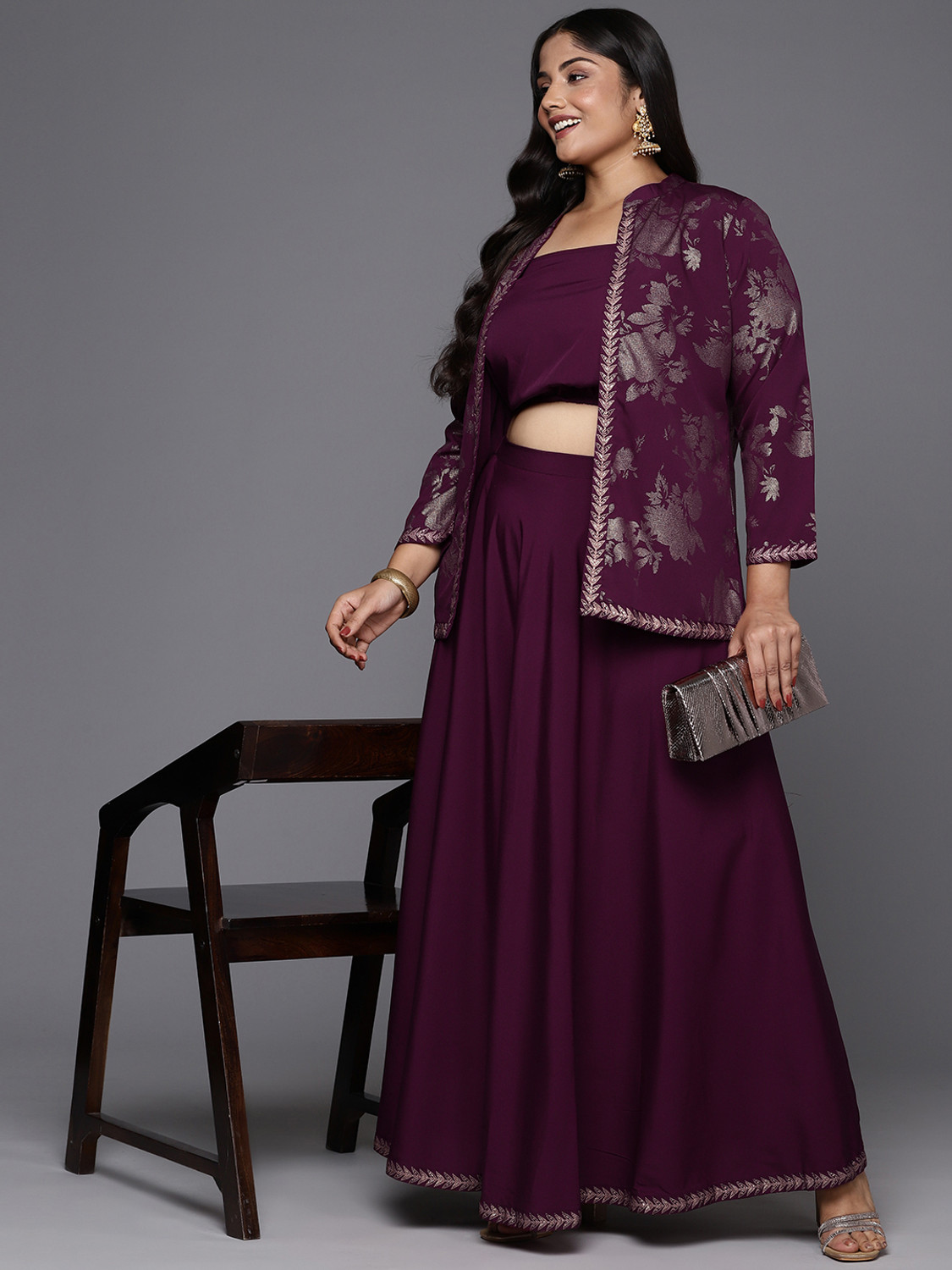 Image of A Plus by Ahalyaa Women Crop Top Skirt Ethnic Jacket Set