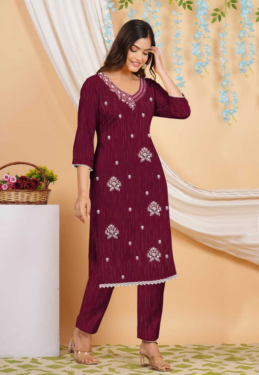Image of Y A COLLECTION Self Design Kurta, Trouser /Pant & Dupatta Set