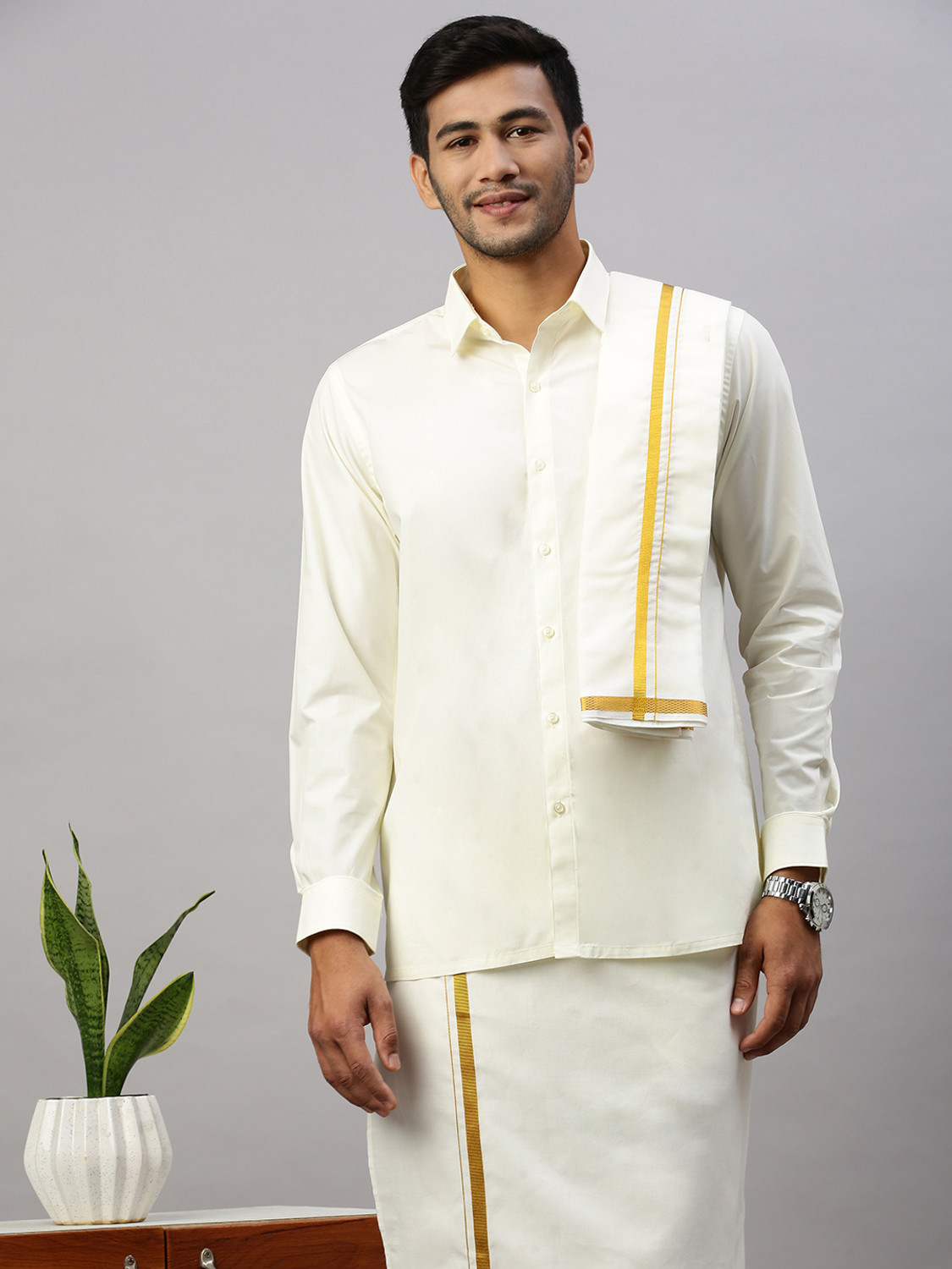 Image of Ramraj Cotton Men Shirt Dhoti Dupatta Set