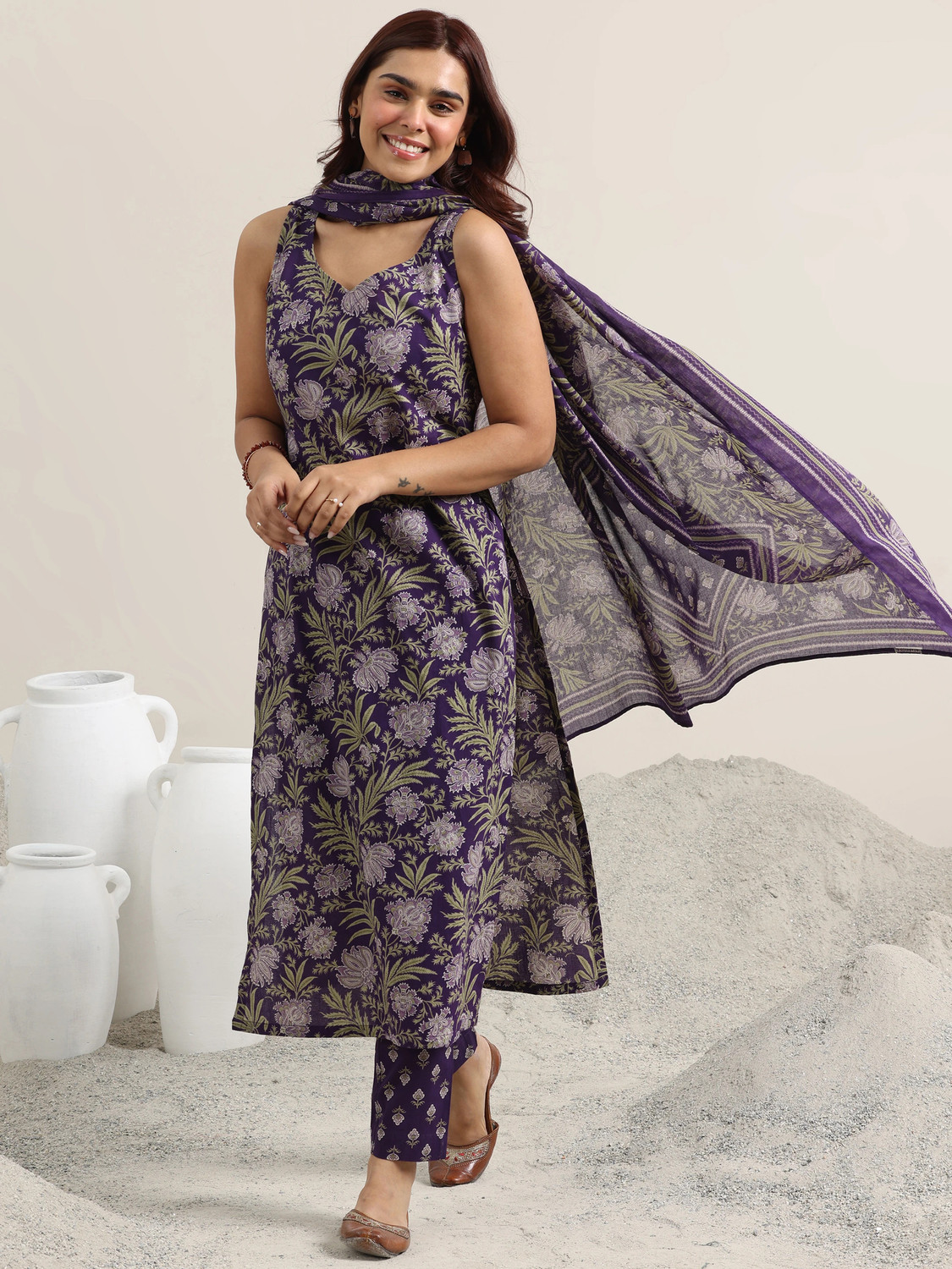 Image of LIBAS Women Cotton Blend Kurta Pant Dupatta Set