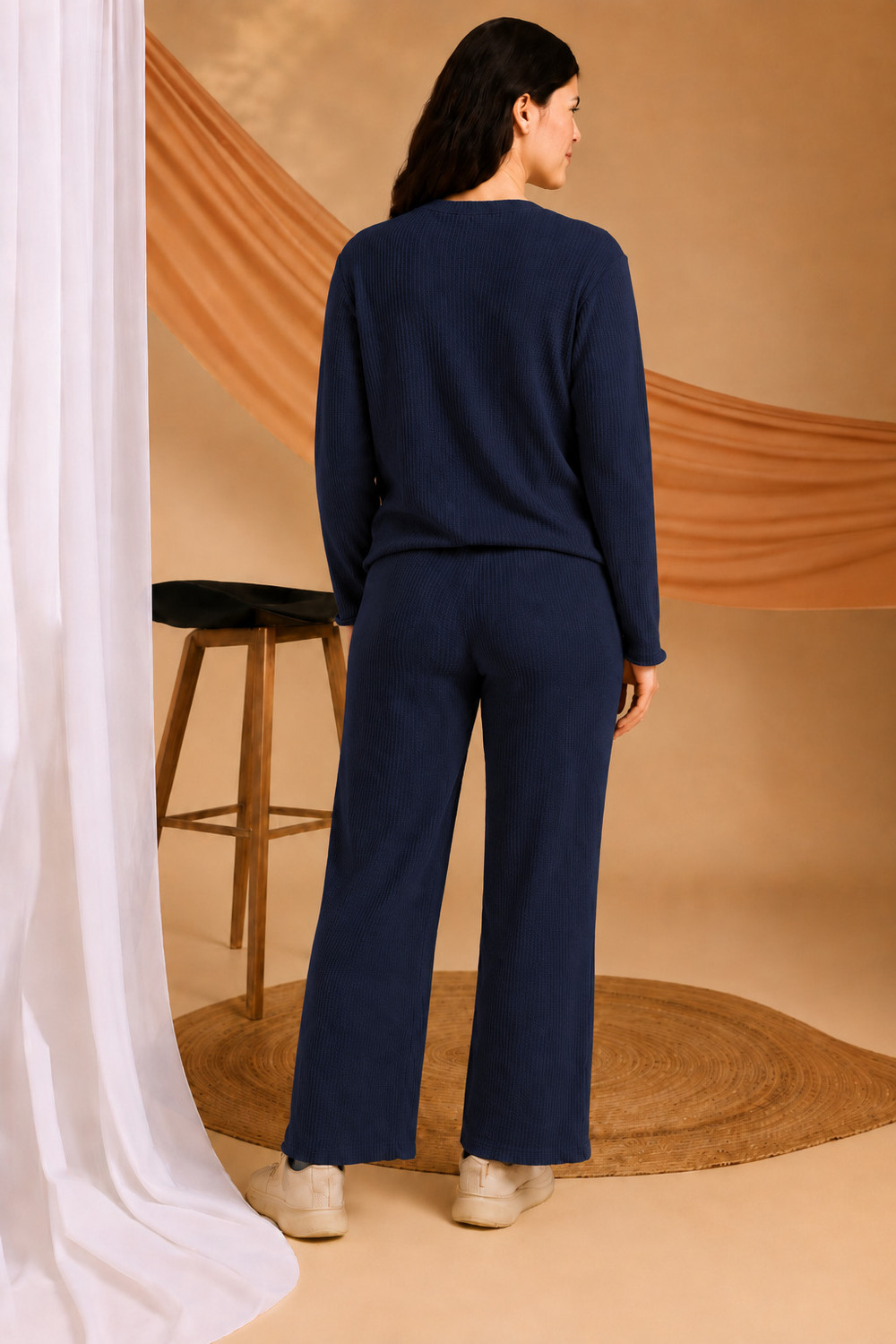 Image of Try This Women Night Suit Set Blue Self Design