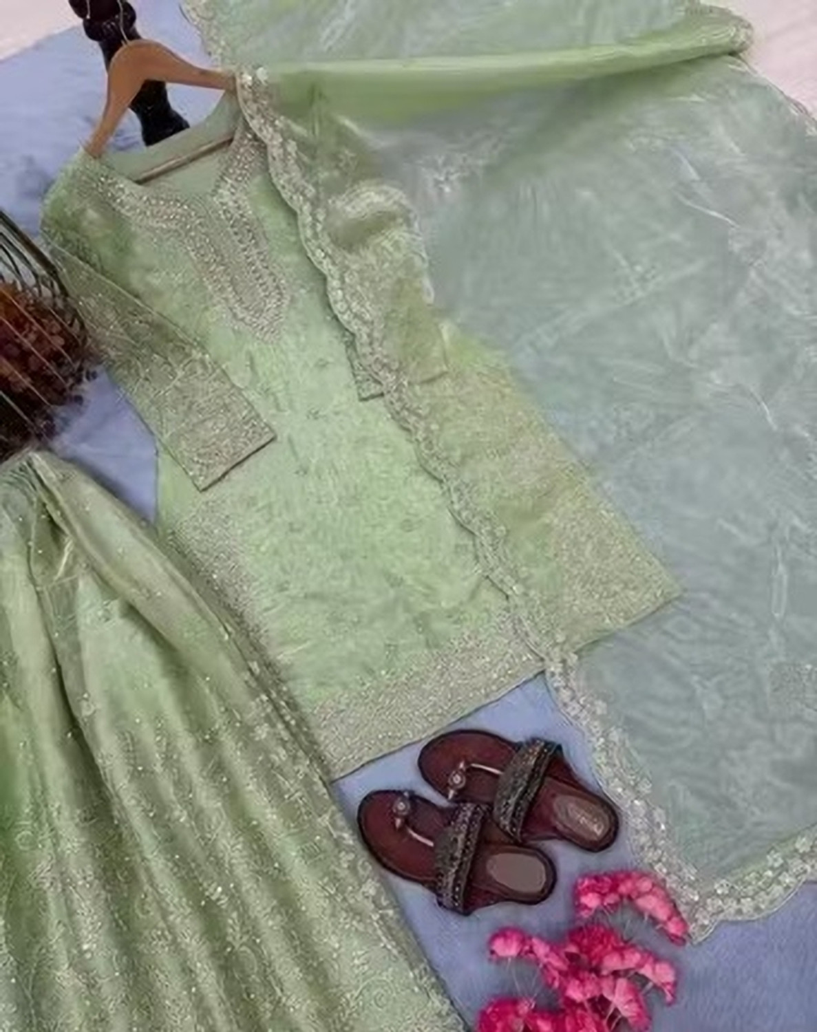 Image of BlissWeave Women Organza Kurta Palazzo Dupatta Set