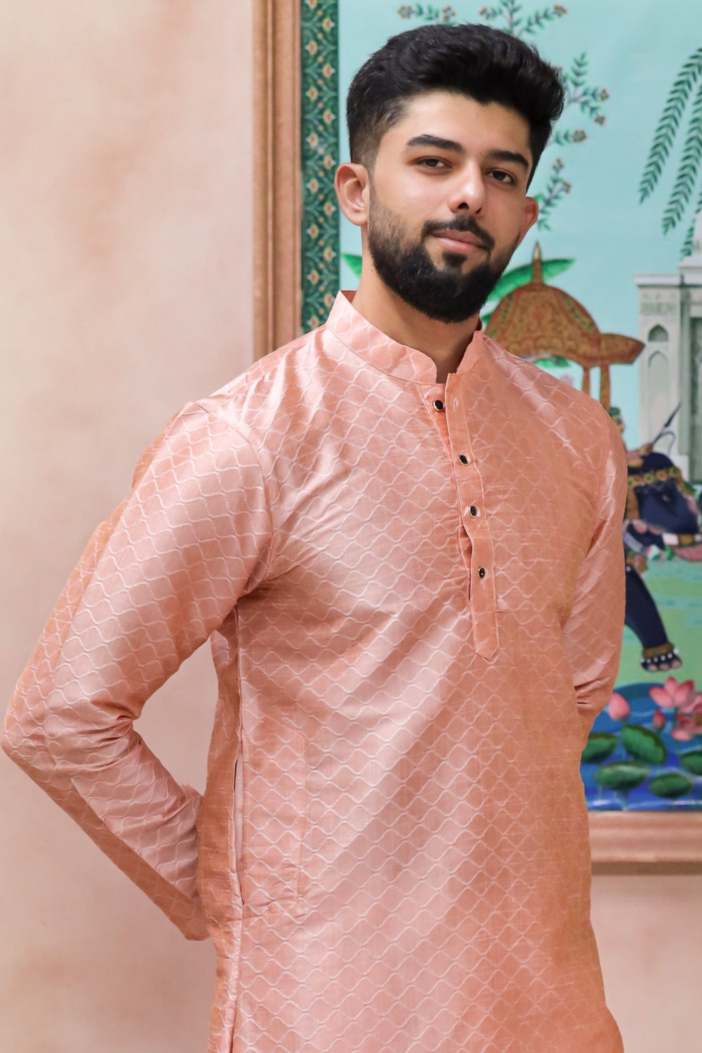 Image of Koshin Men Self Design Straight Kurta