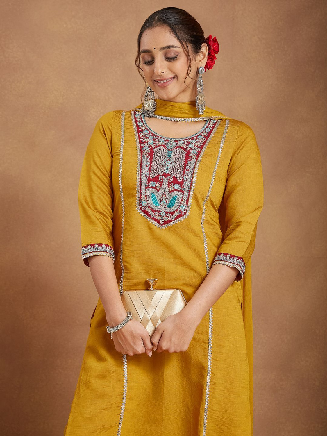 Image of Janasya Women Kurti Pant Dupatta Set