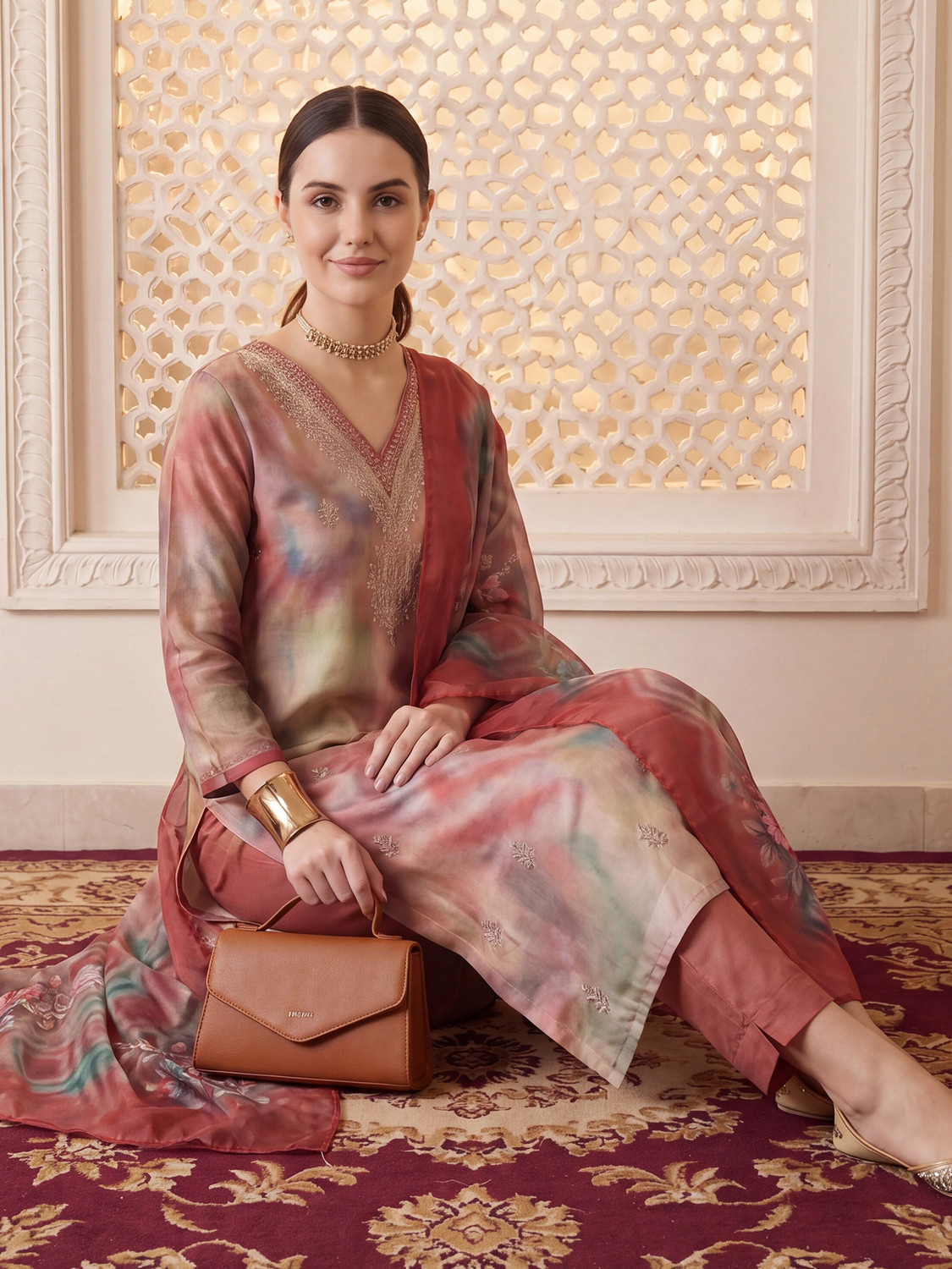 Image of Indo Era Women Silk Blend Kurta Pant Dupatta Set
