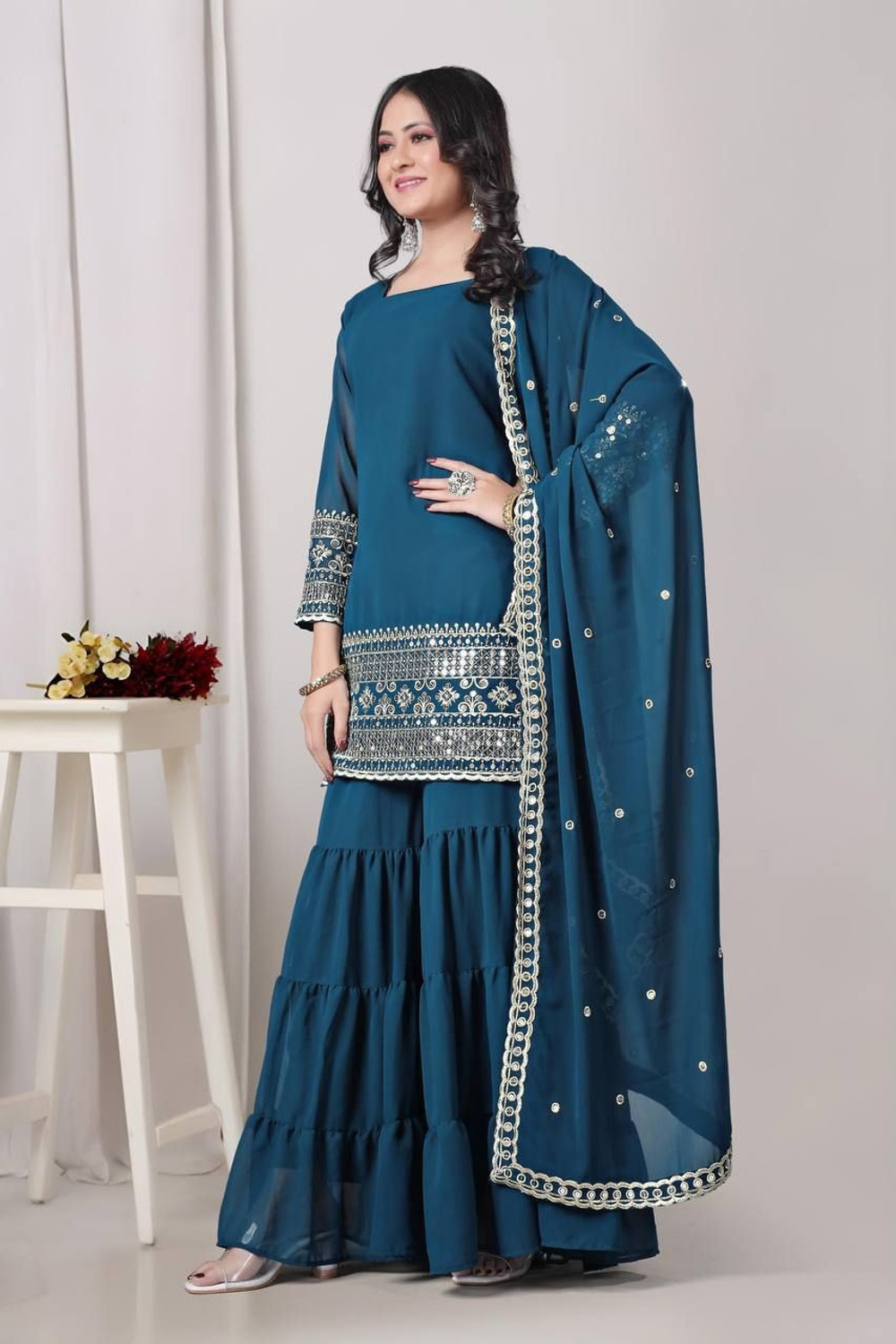 Image of JUNGLE CLOTHING Women Kurti Sharara Dupatta Set