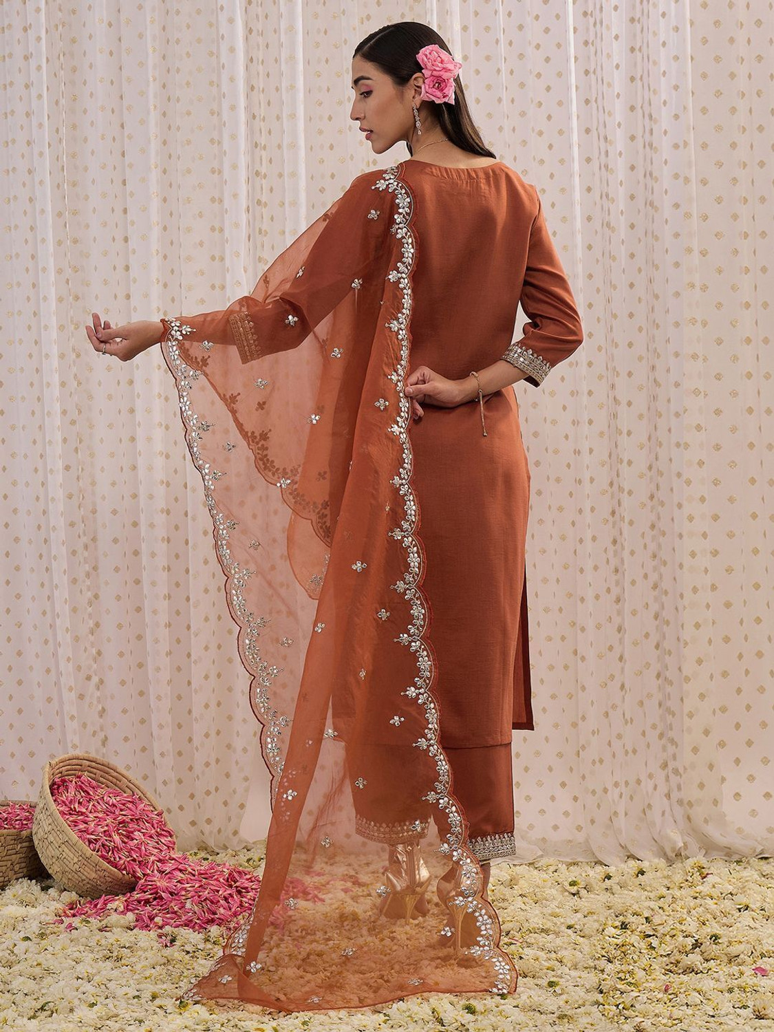Image of Indo Era Women Silk Blend Kurta Pant Dupatta Set