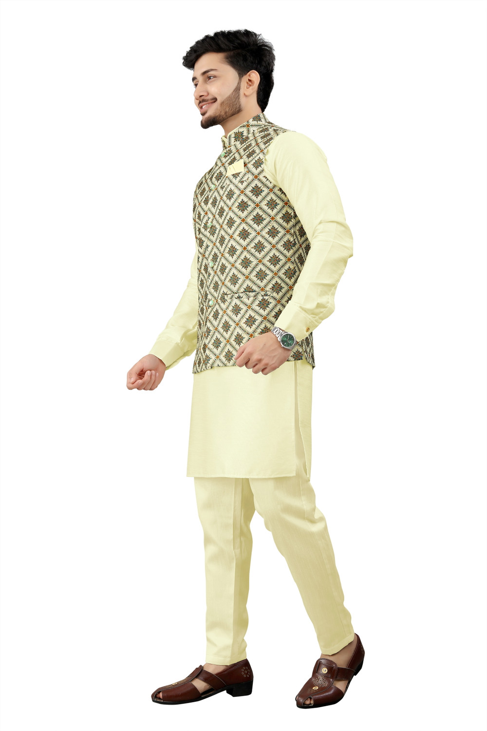 Image of click n buy Men Kurta Pyjama Ethnic Jacket Set