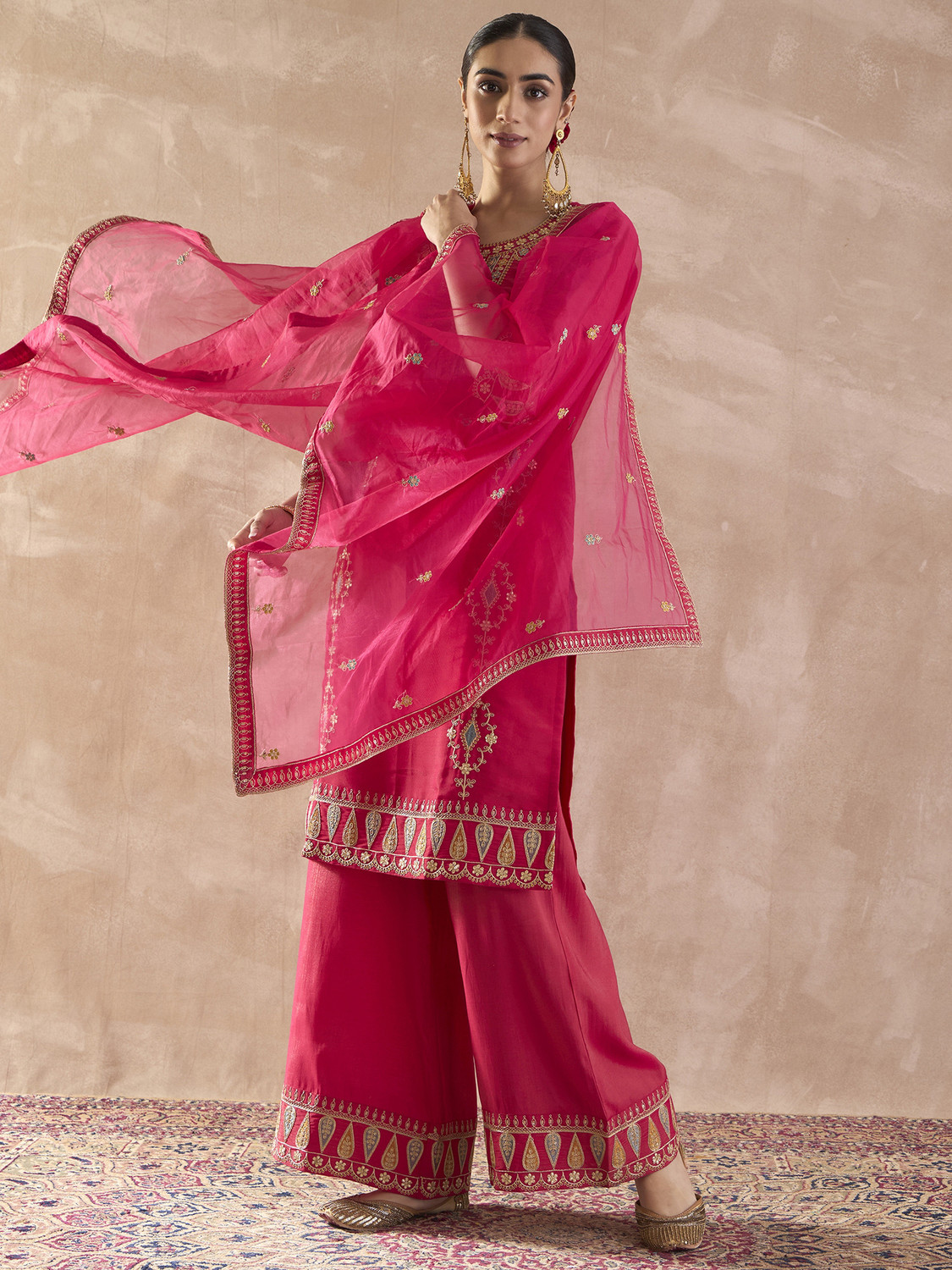 Image of Indo Era Women Silk Blend Kurta Palazzo Dupatta Set