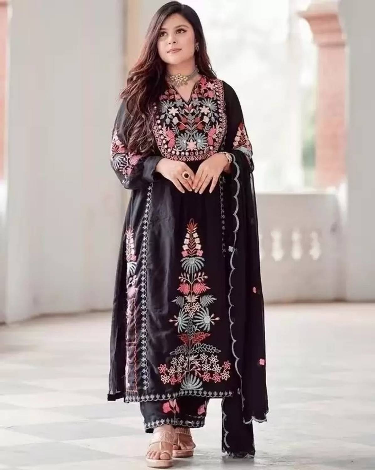 STYLISH CREATION Women Embroidered Cotton Blend Anarkali Kurta Wi