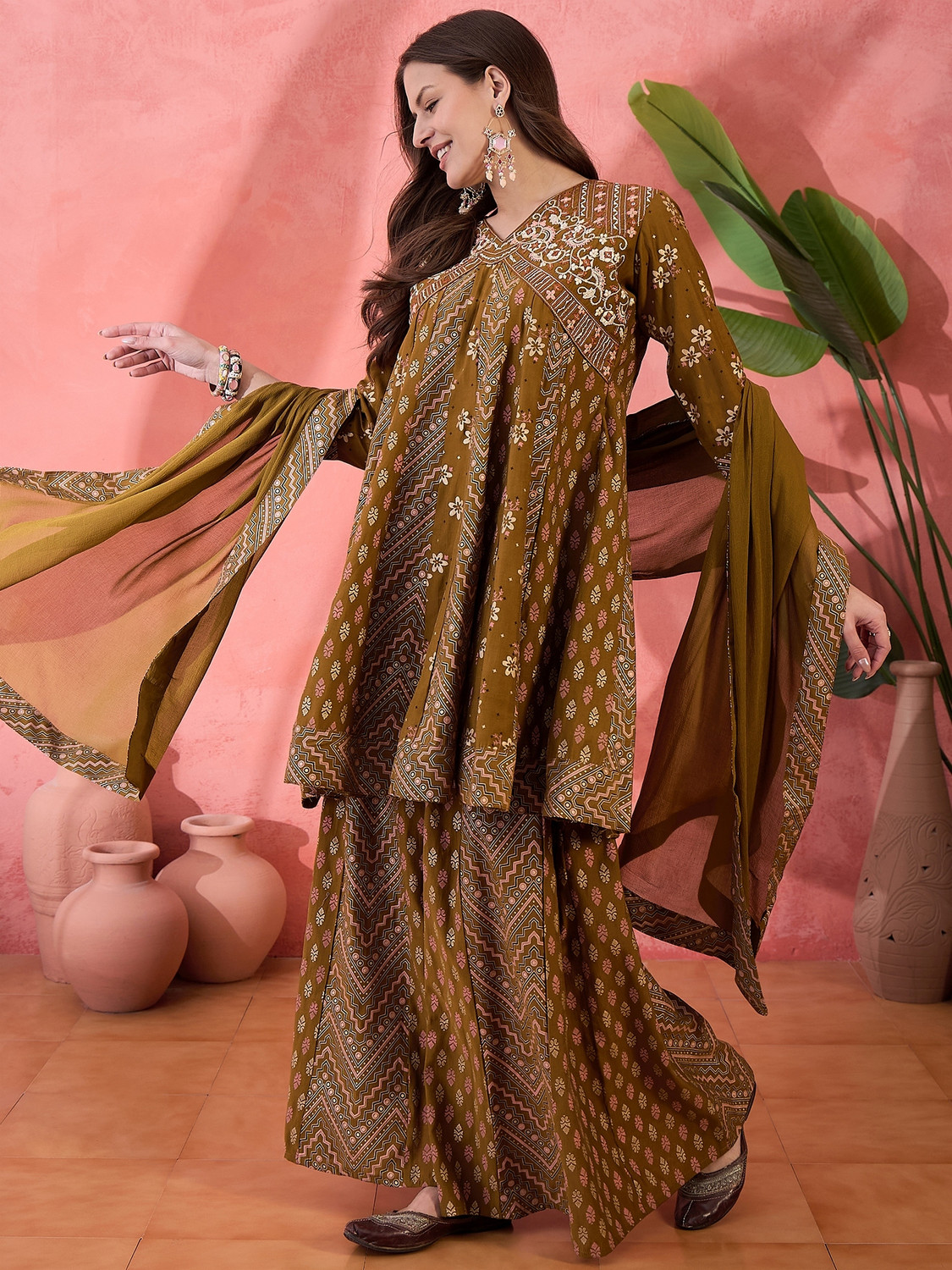 Image of Sangria Women Kurta Palazzo Dupatta Set