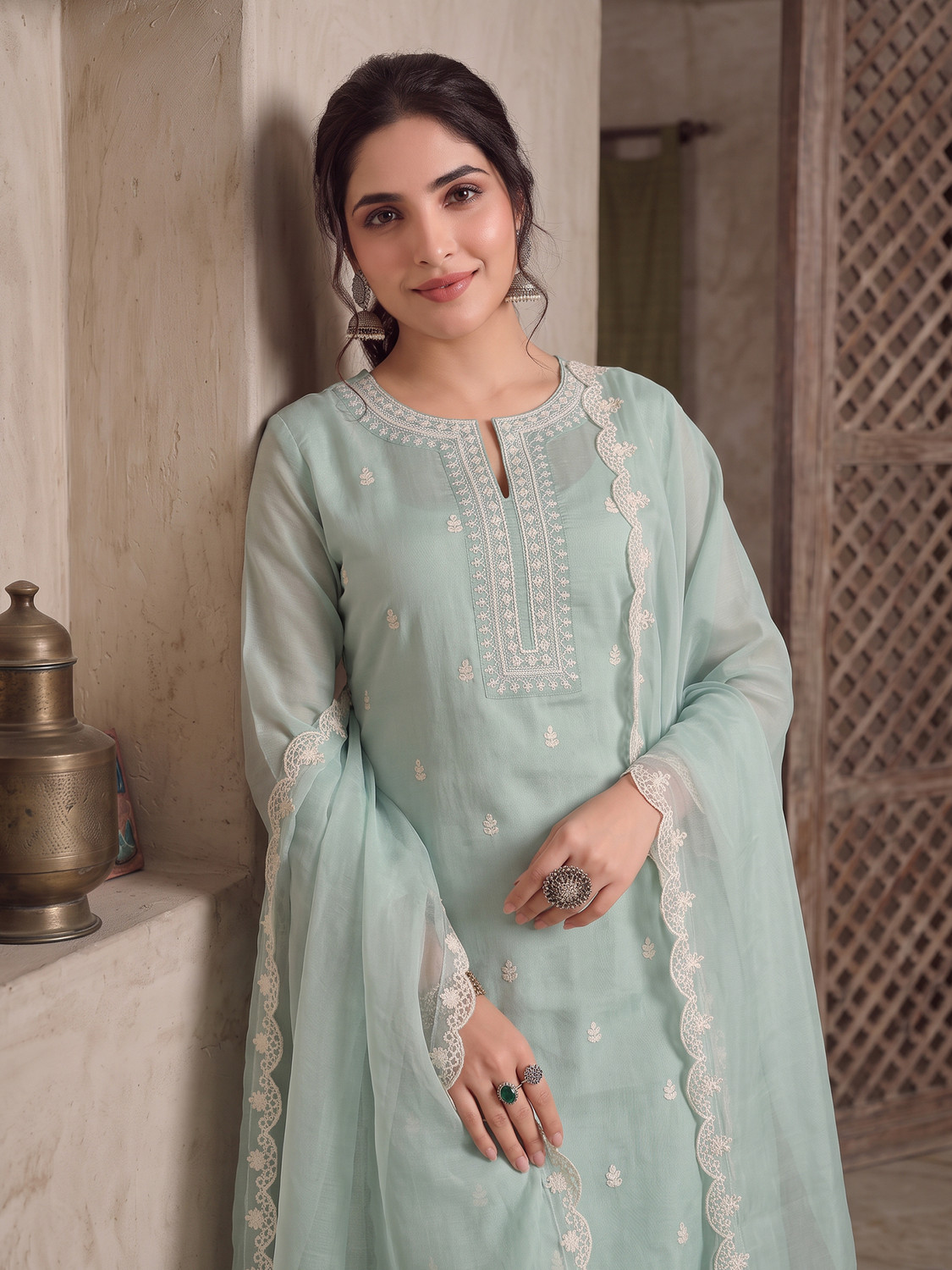 Image of Fabian Fashion Women Chanderi Kurta Pant Dupatta Set