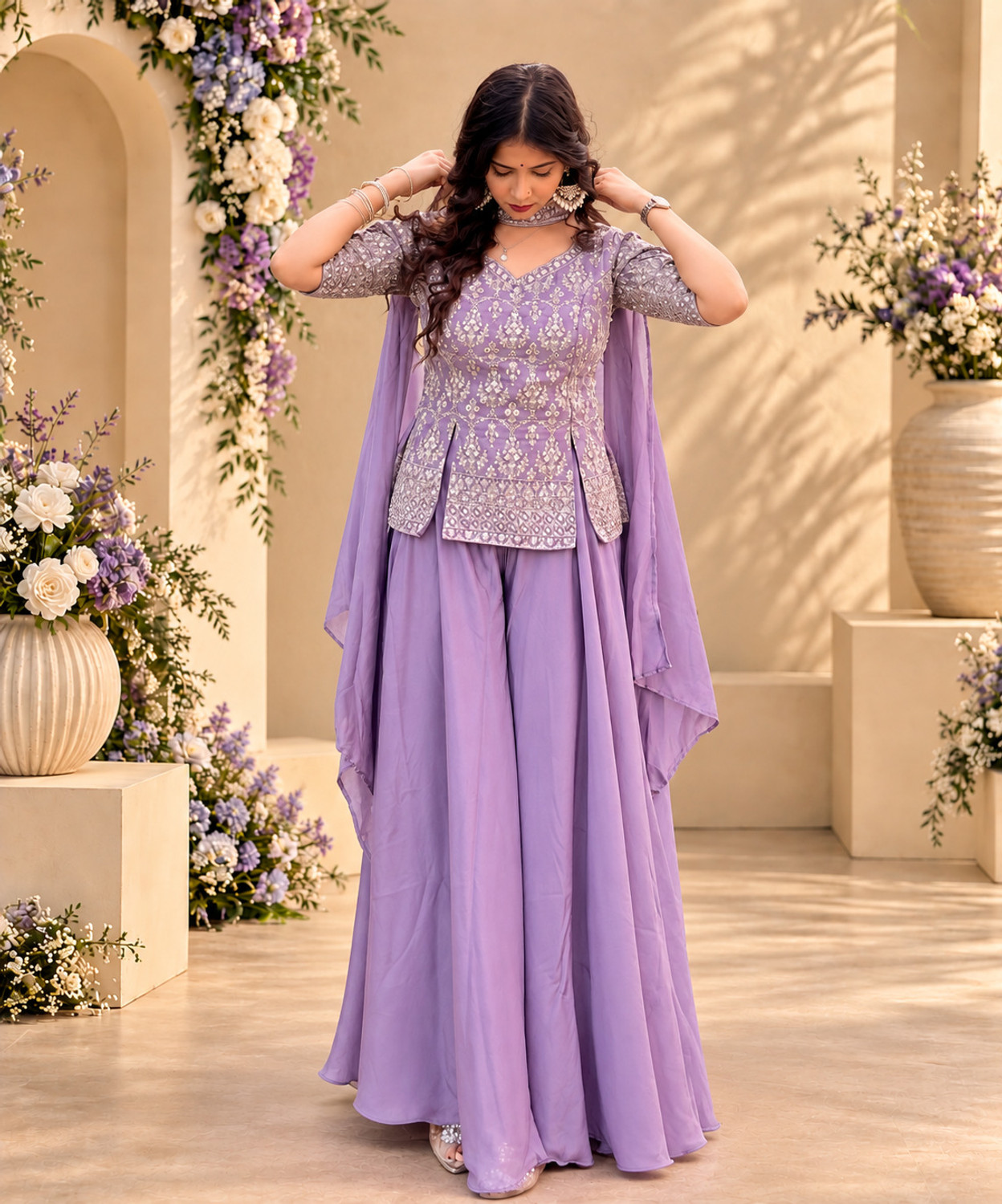 Image of Creeper Women Silk Blend Ethnic Top Sharara Dupatta Set