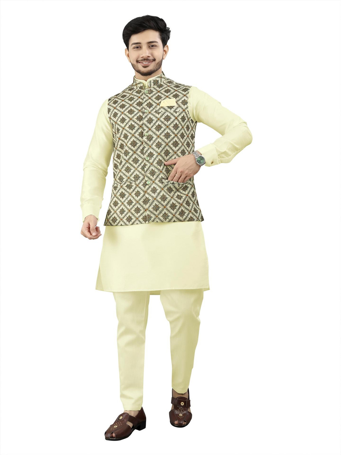 Image of click n buy Men Kurta Pyjama Ethnic Jacket Set