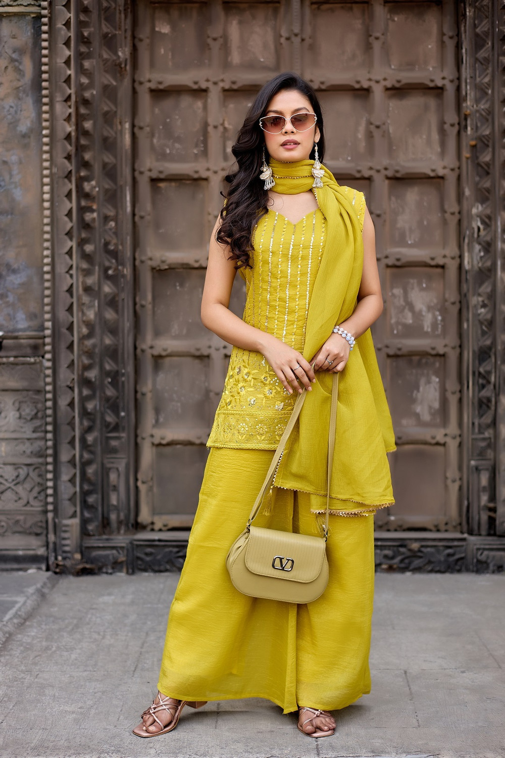 Image of Ervasa Women Kurta Palazzo Dupatta Set