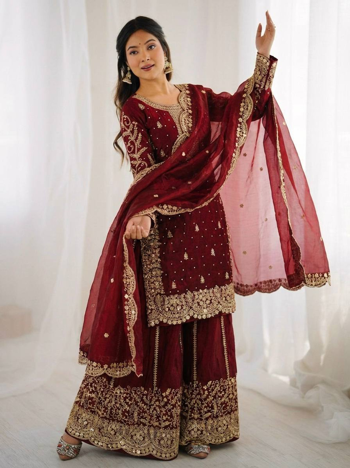 Image of Anghanbrothers Women Kurta Sharara Dupatta Set