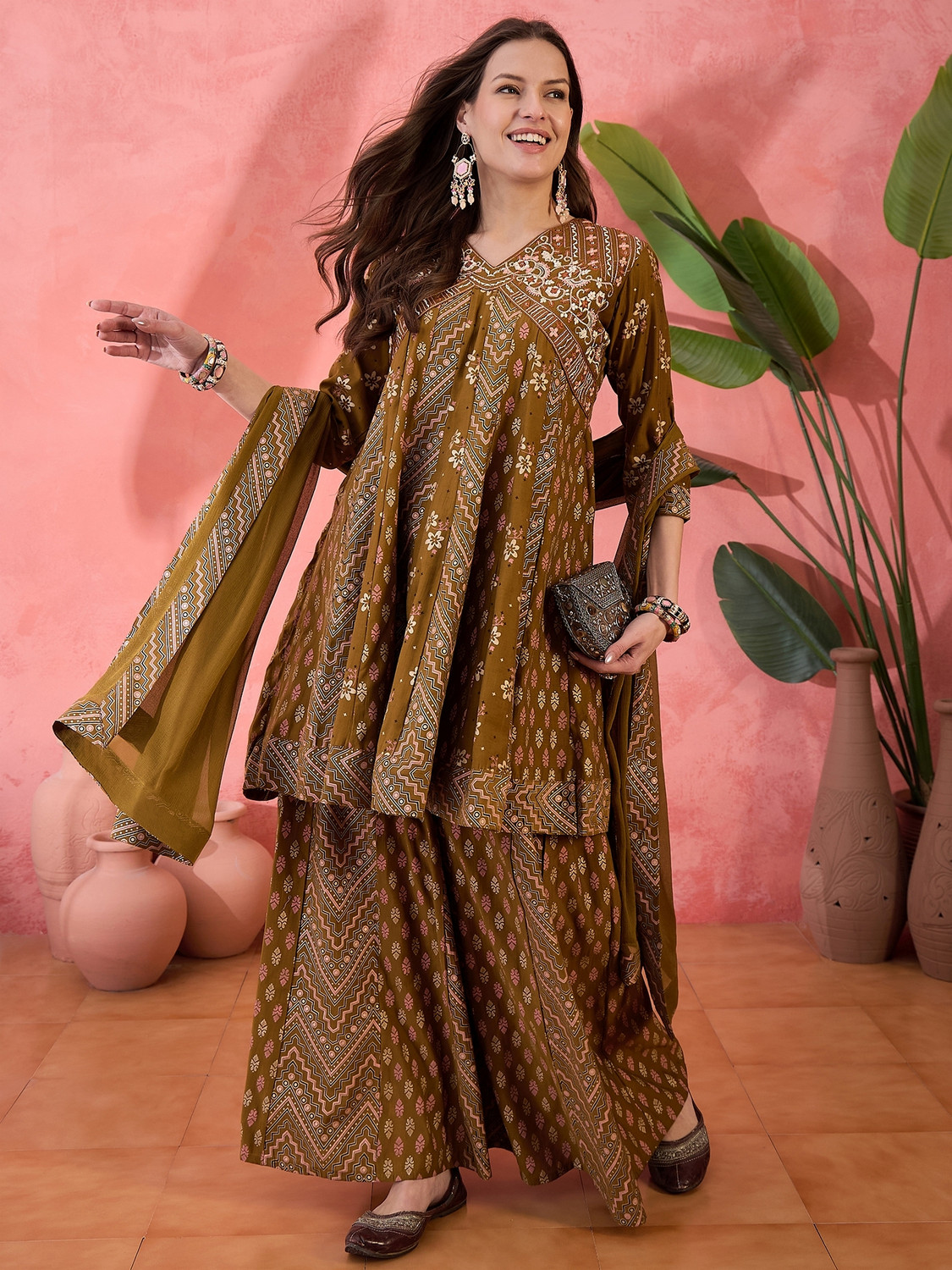 Image of Sangria Women Kurta Palazzo Dupatta Set