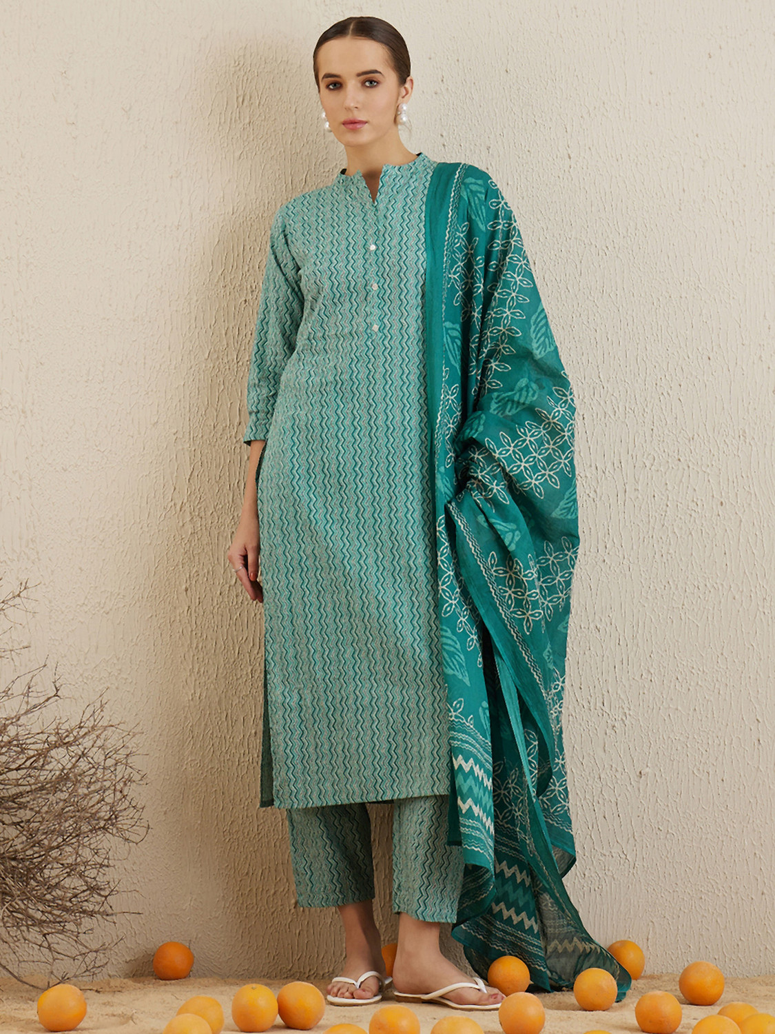 Image of Indo Era Women Pure Cotton Kurta Pant Dupatta Set