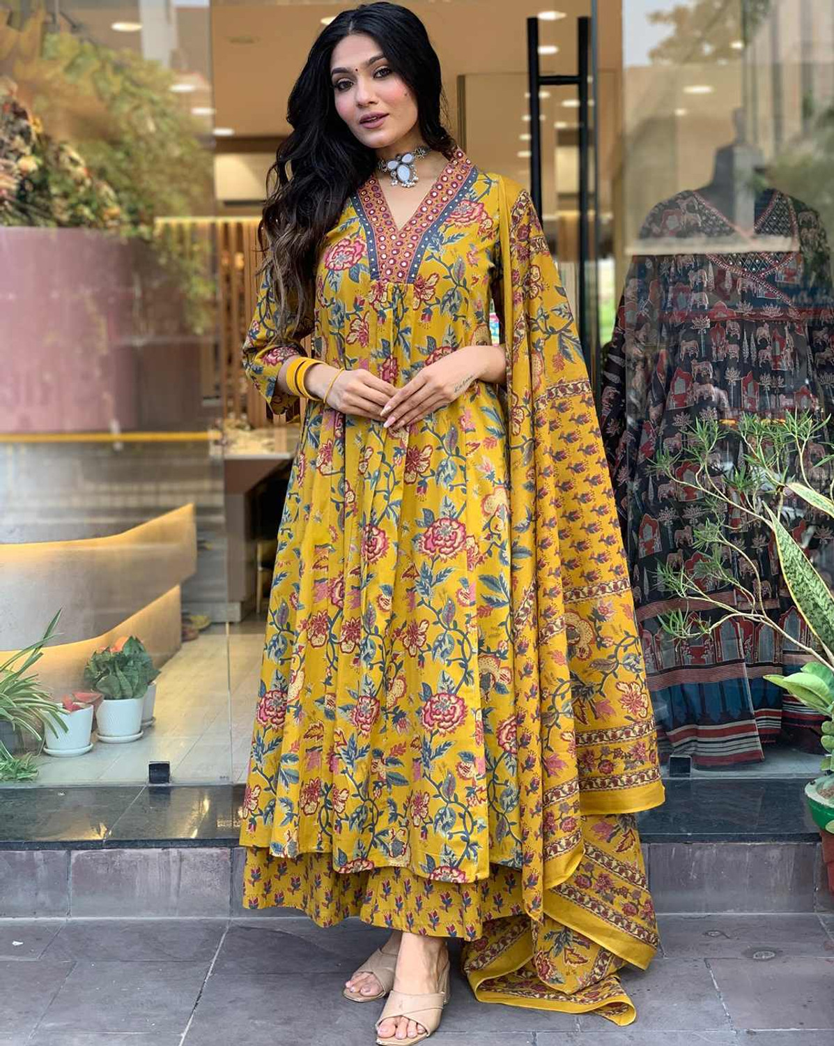 Image of BLACK PATTI Floral Print Anarkali Kurta, Bottom & Dupatta Set
