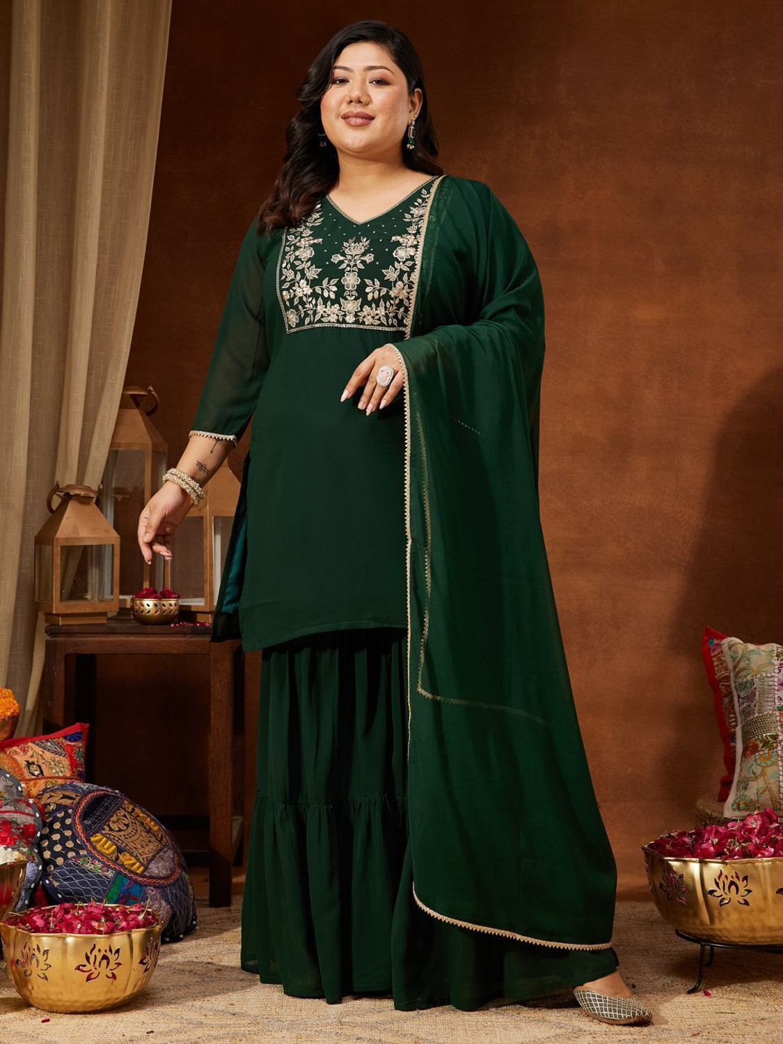 Image of Janasya Women Kurti Sharara Dupatta Set