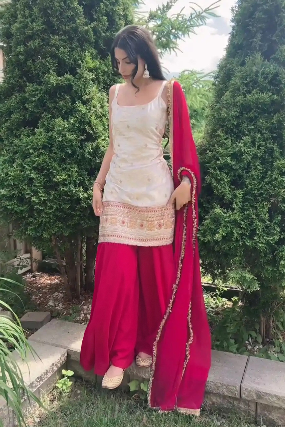 Krishna Apparels Embroidered Kurta, Palazzo & Dupatta Set