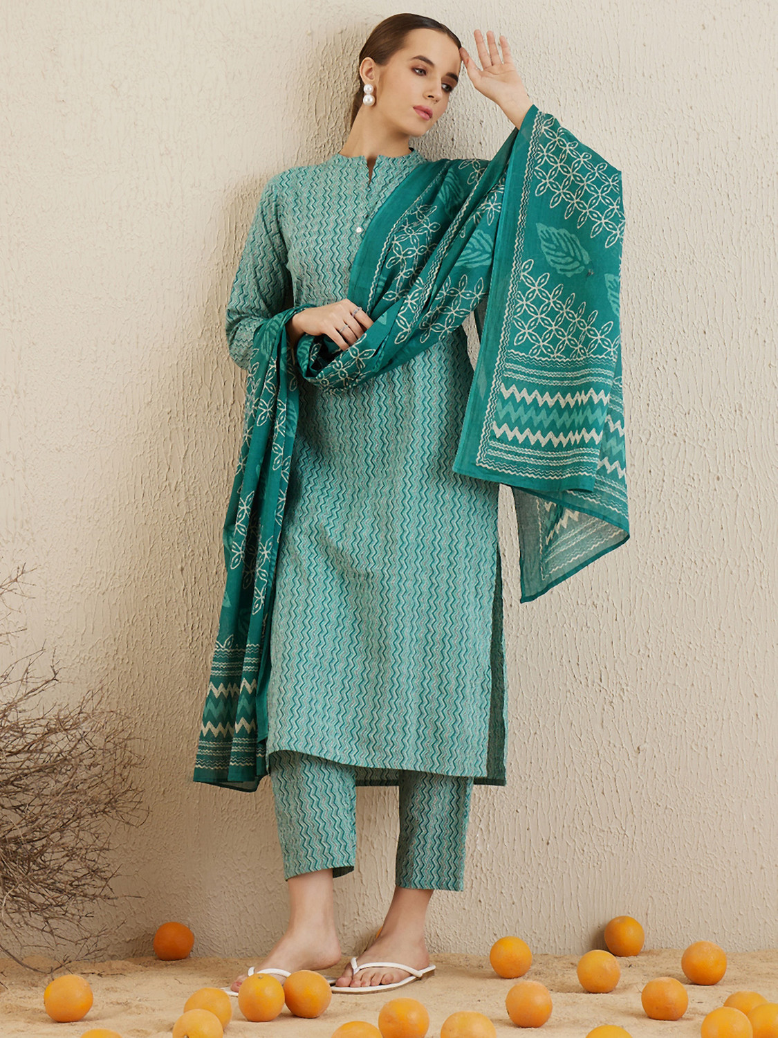 Image of Indo Era Women Pure Cotton Kurta Pant Dupatta Set