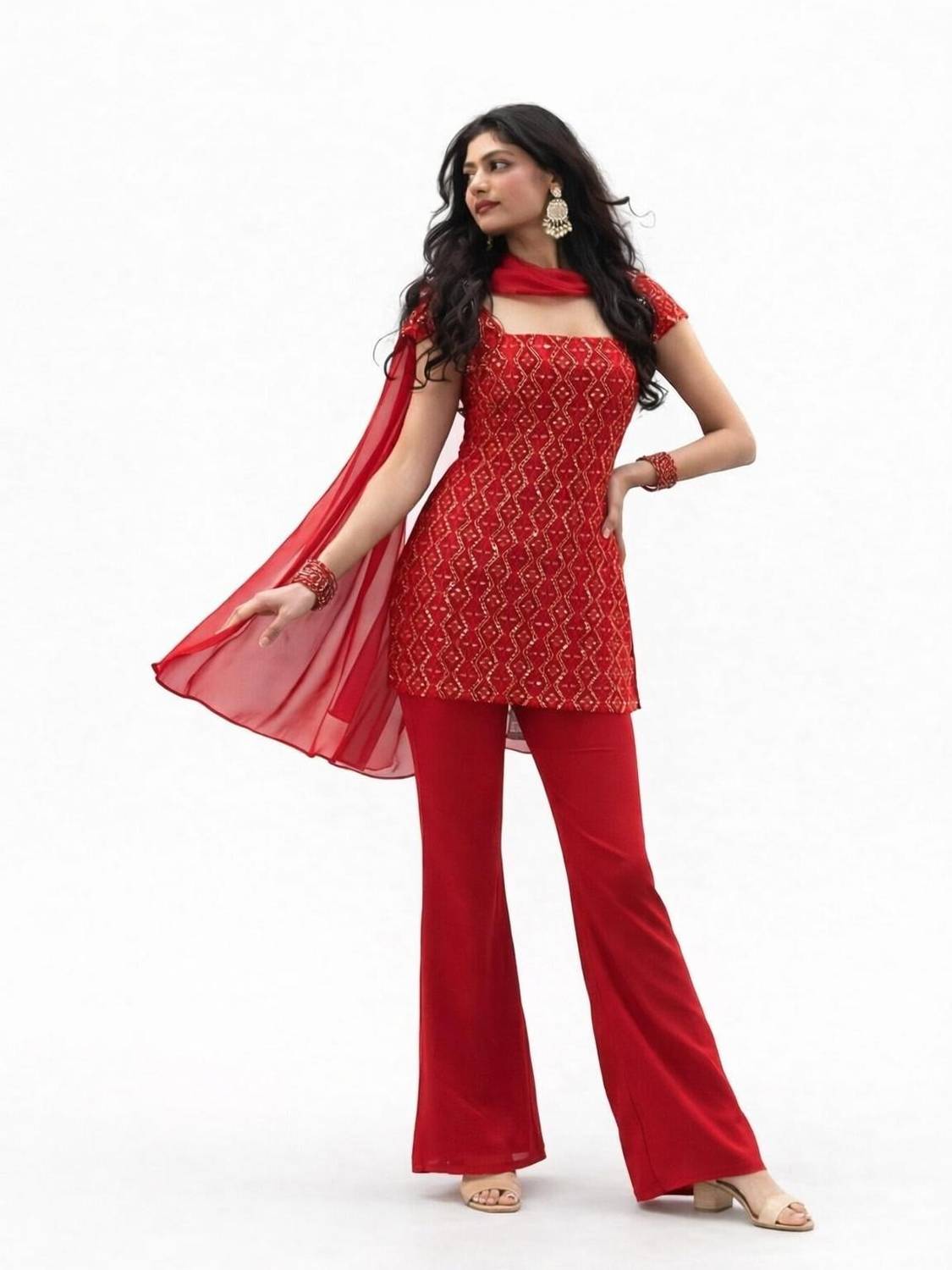 NAVJAN Women Kurti Palazzo Dupatta Set