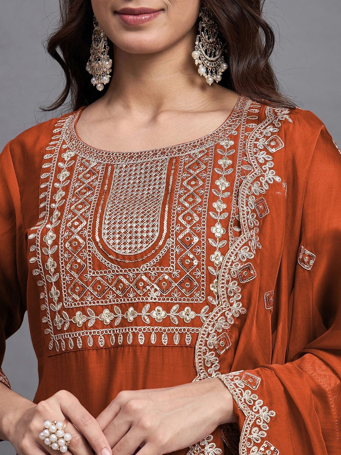 Image of SkyTara Embroidered Kurta, Trouser /Pant & Dupatta Set