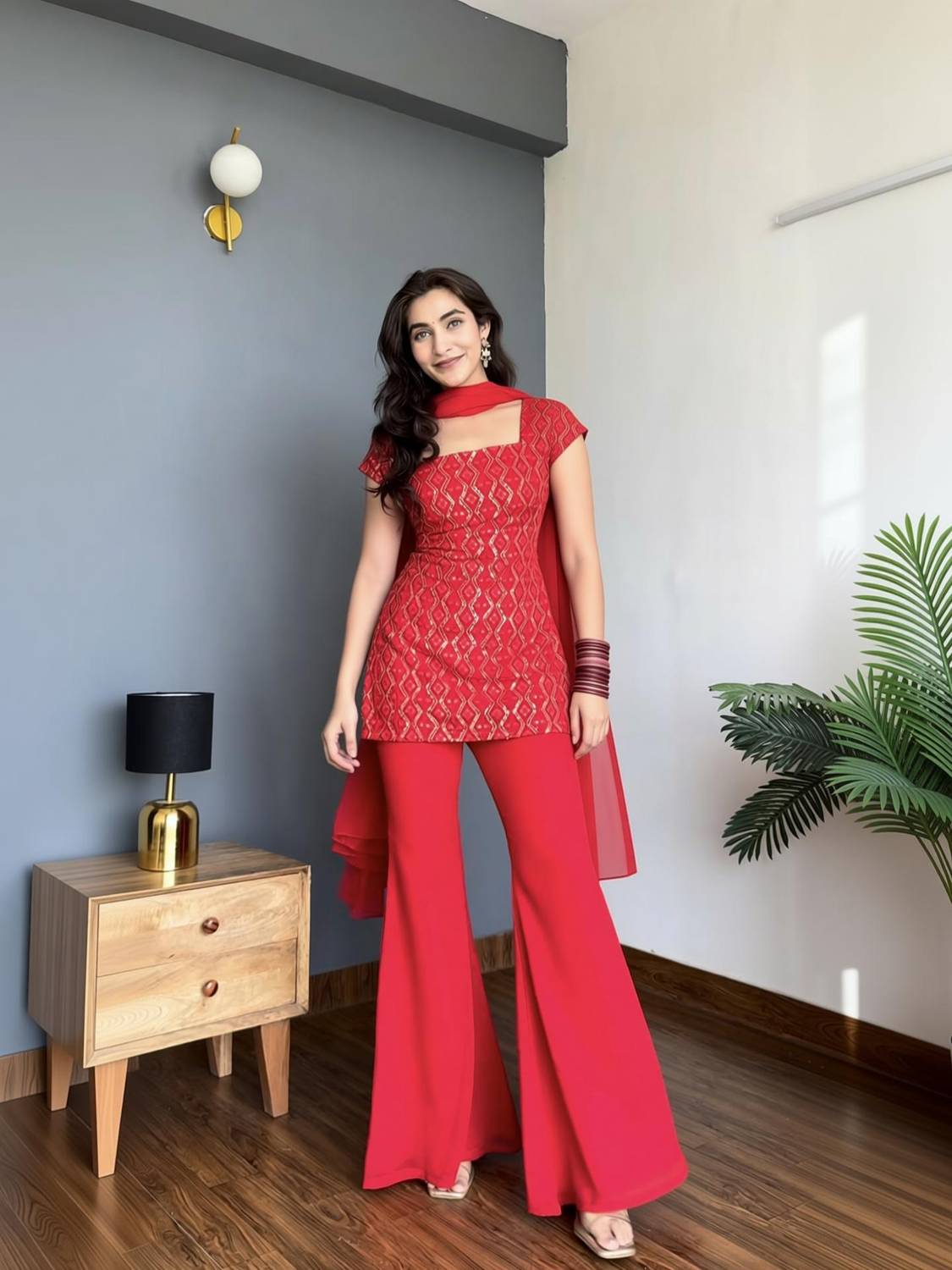 DISHWA Fashion Women Kurti Palazzo Dupatta Set - Image 1