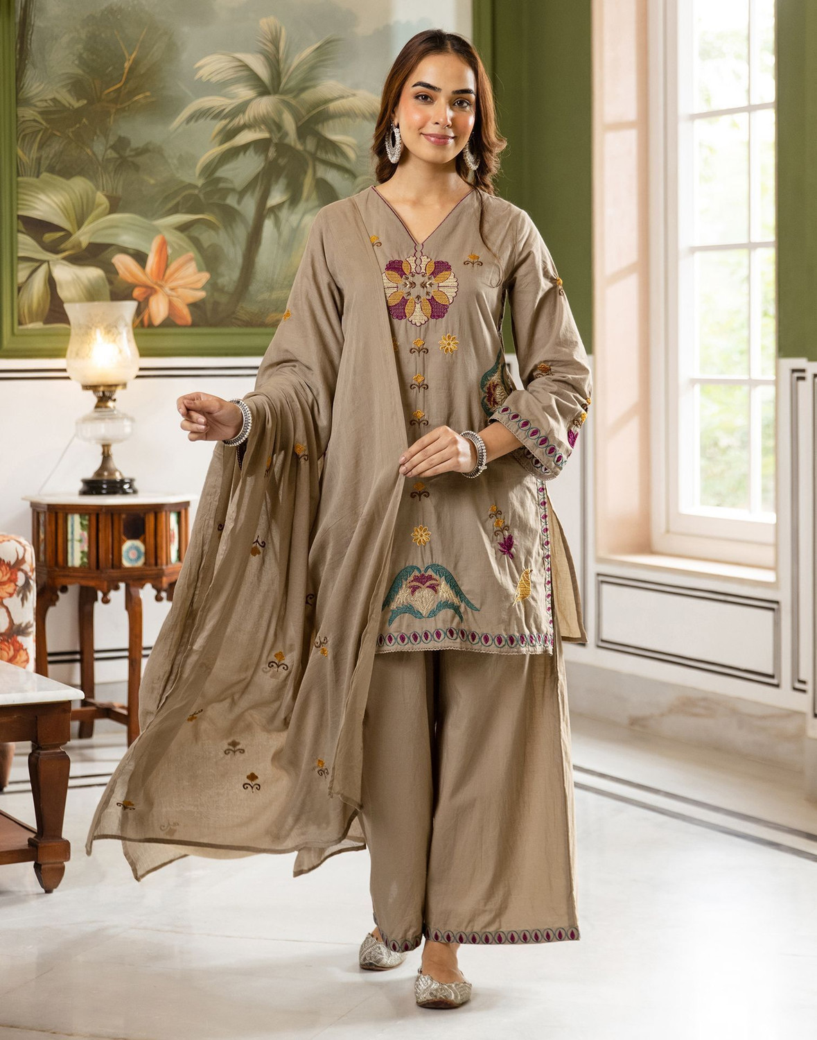 Image of Skylee Women Cotton Blend Kurta Pant Dupatta Set