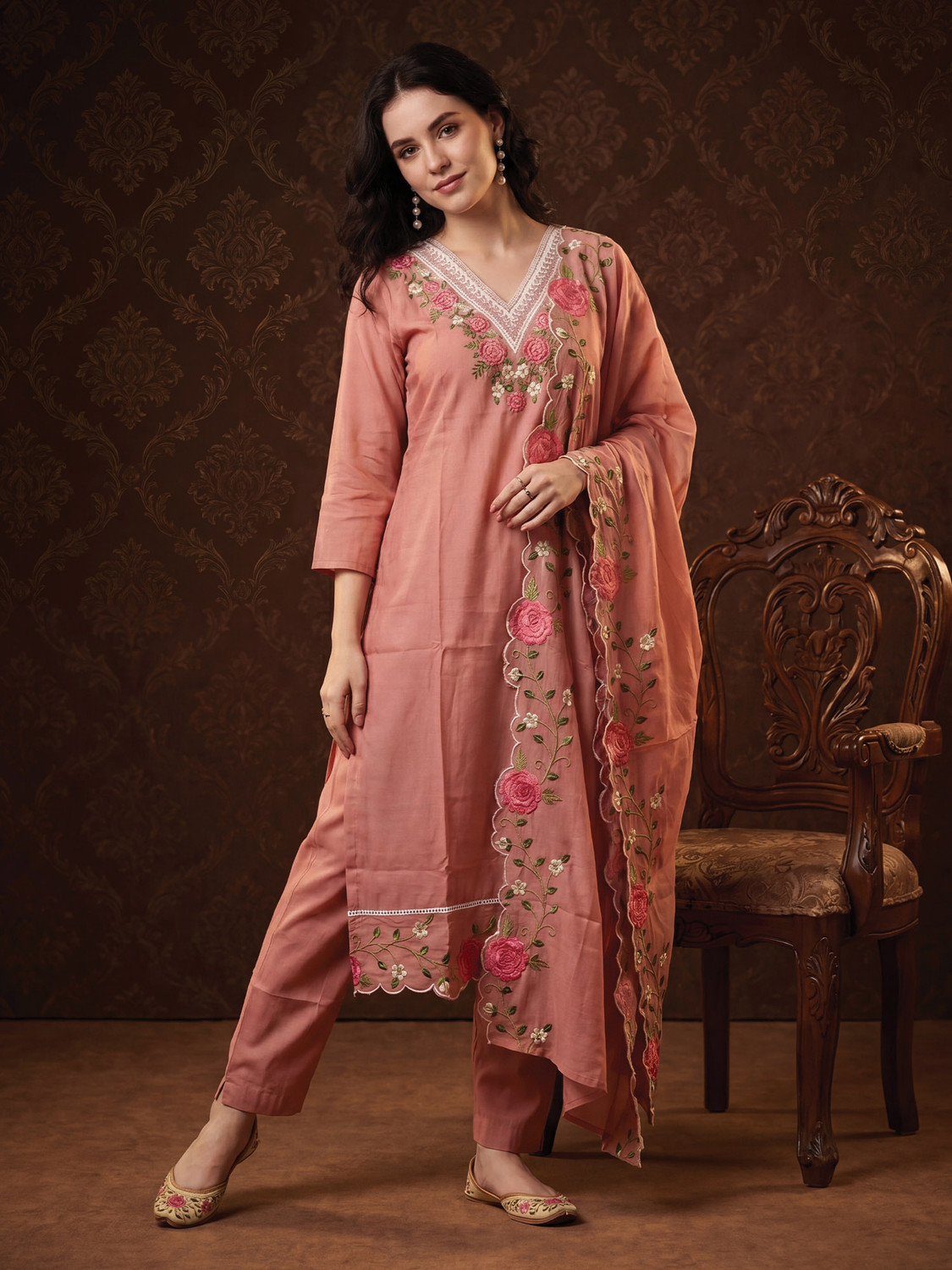 Image of Indo Era Women Silk Blend Kurta Pant Dupatta Set