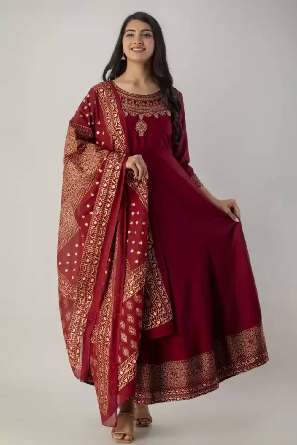 SkyAsia Women Printed Pure Cotton Anarkali Kurta With Attached Du