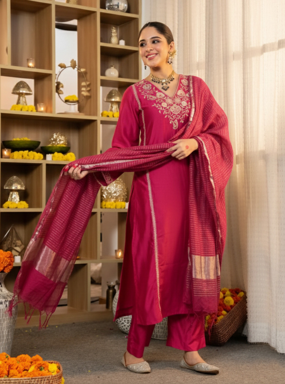 Image of Nermosa Women Kurta Pant Dupatta Set