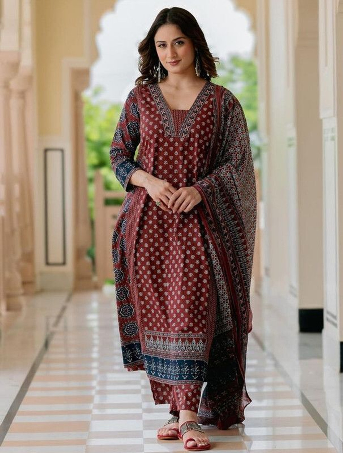 Image of Apparelia Women Viscose Rayon Kurta Palazzo Dupatta Set