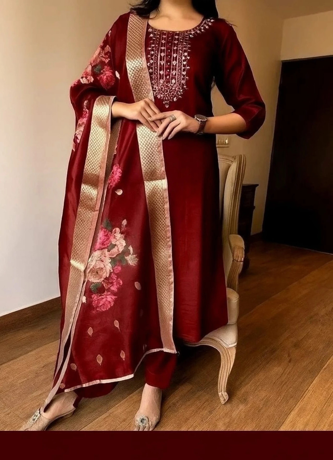 Image of DharaCretionn Embroidered Kurta, Churidar & Dupatta Set