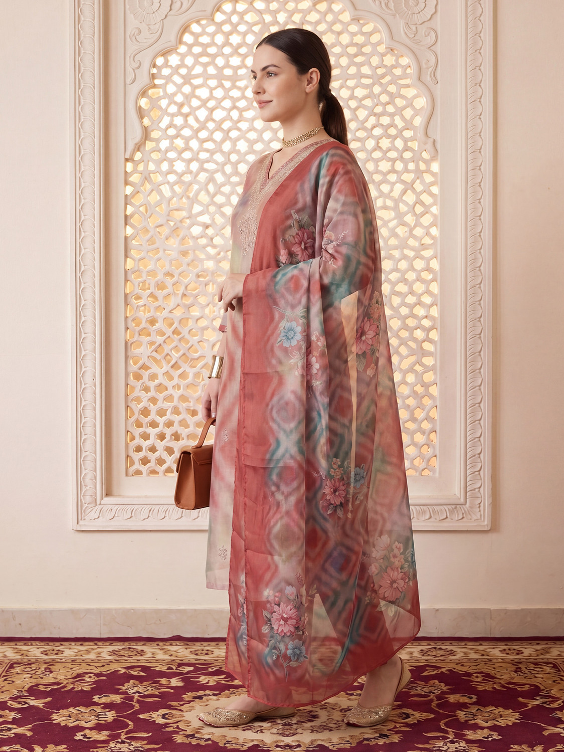 Image of Indo Era Women Silk Blend Kurta Pant Dupatta Set