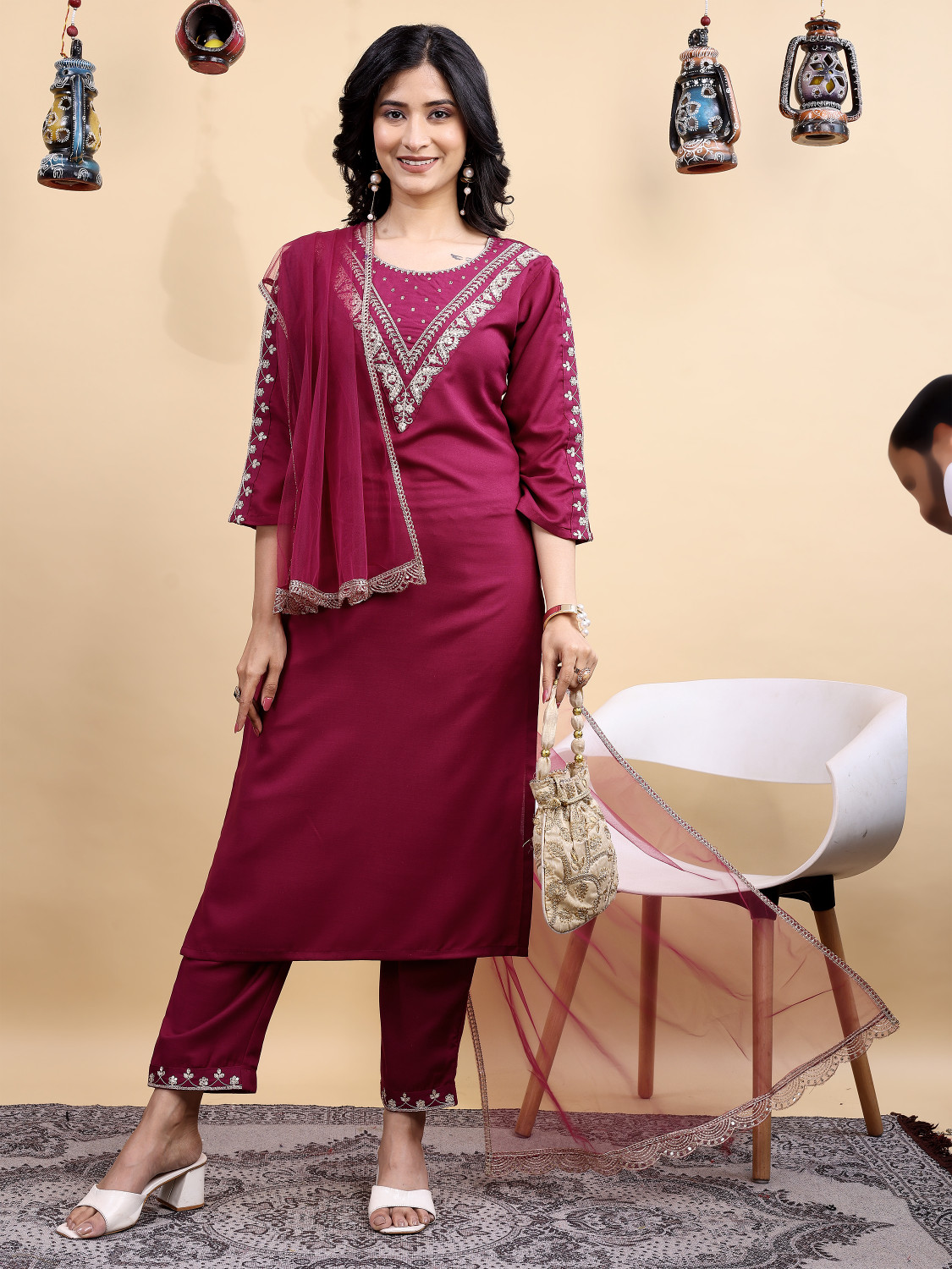 Image of Shree Ramkrishna Fab Women Viscose Rayon Kurta Pant Dupatta Set
