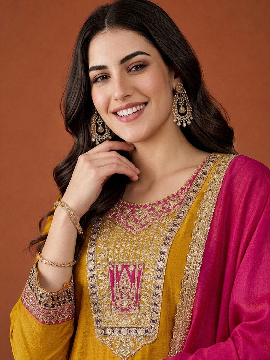 Image of THE52 Women Silk Blend Kurta Pant Dupatta Set