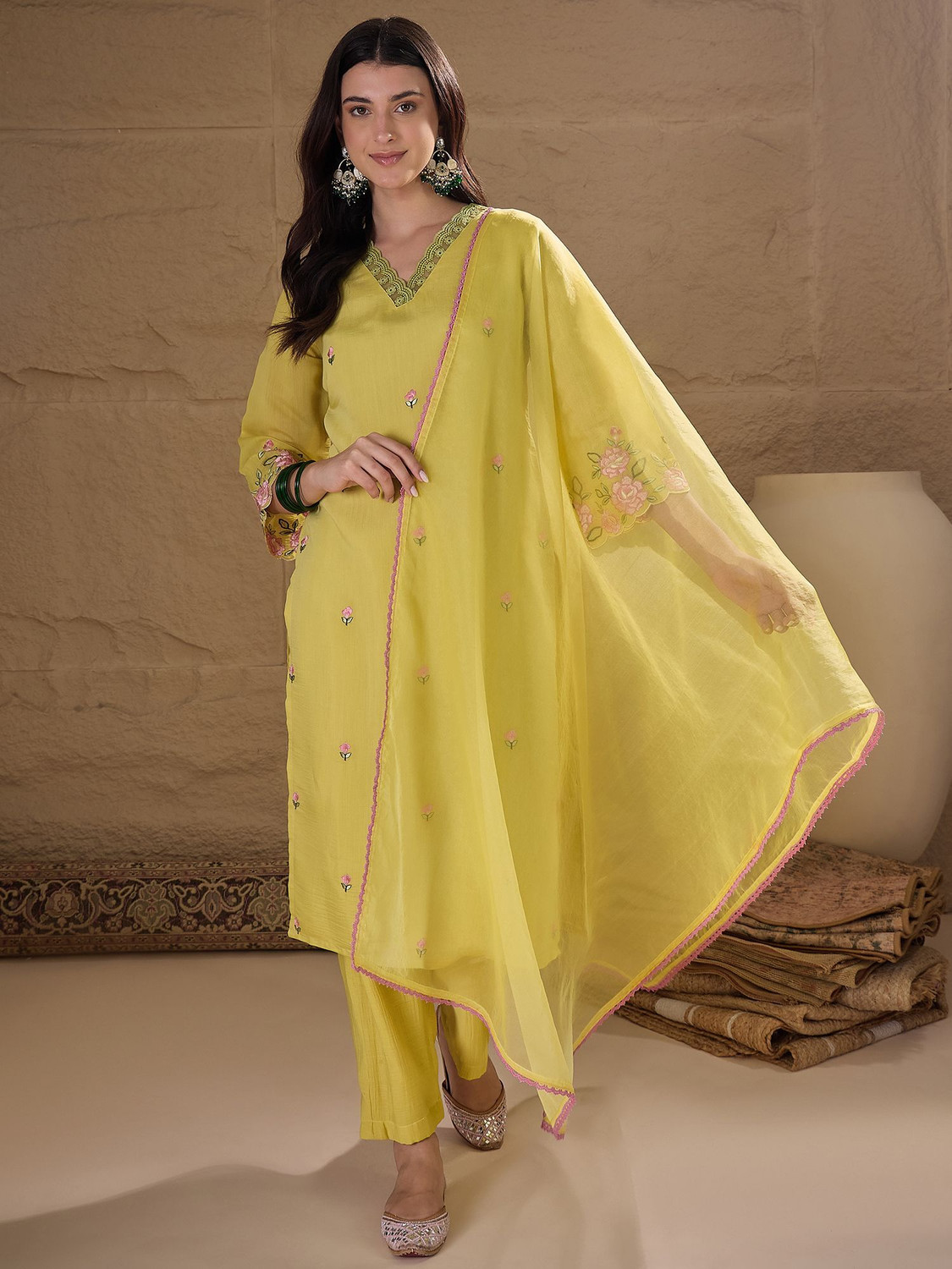 Image of AVANSHEE Women Chanderi Kurta Pant Dupatta Set