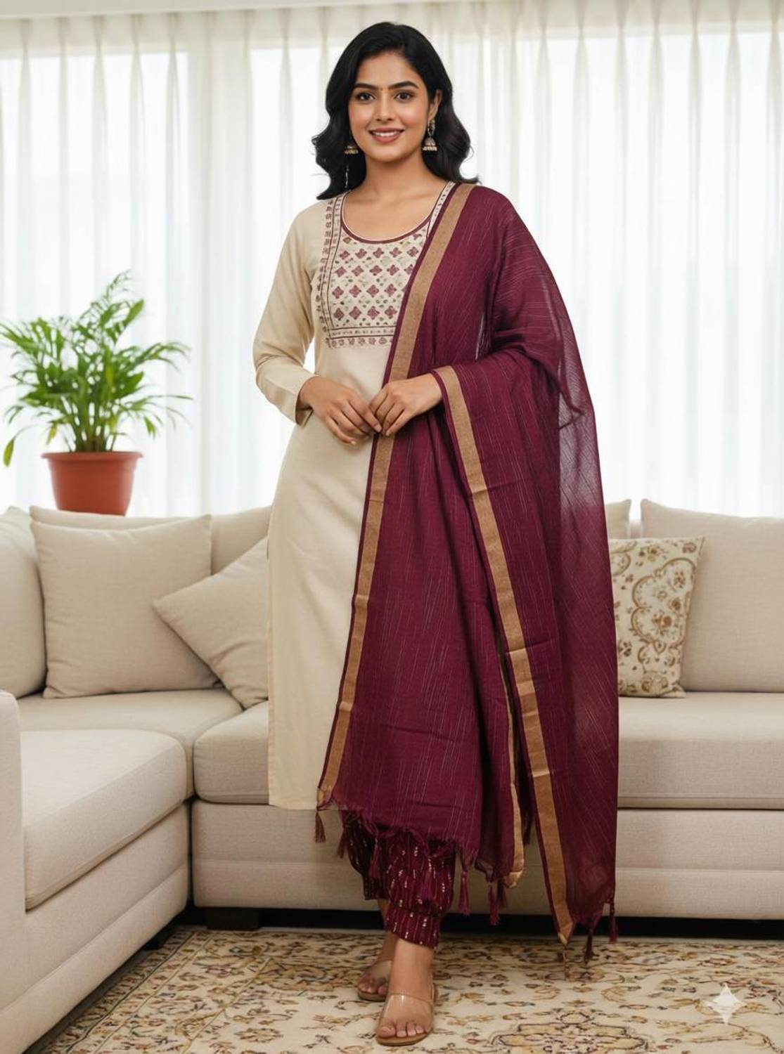Women Cotton Blend Kurta Pant Dupatta Set - Image 1